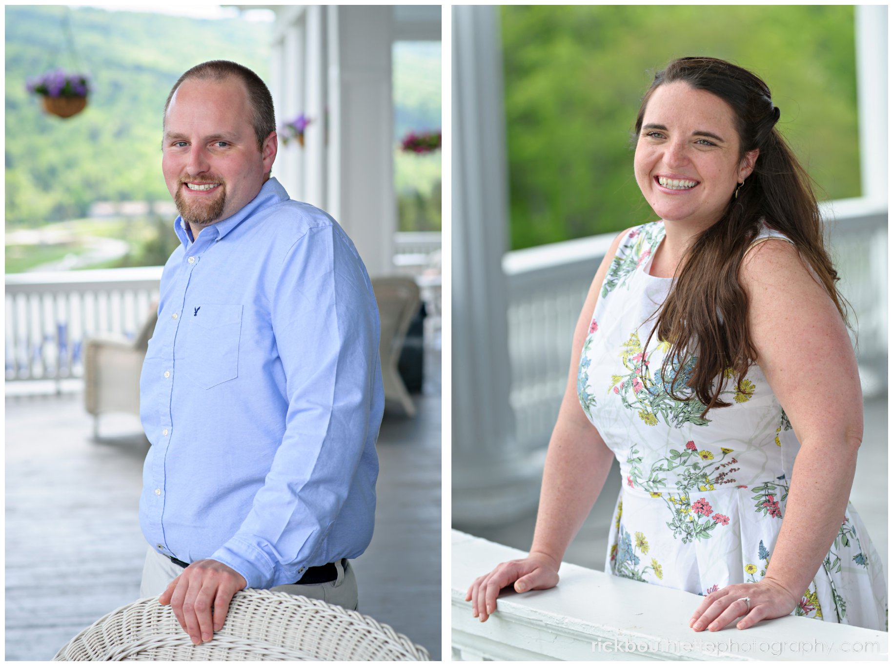 portraits of couple[ on the veranda at omni mount washington resort engagement session