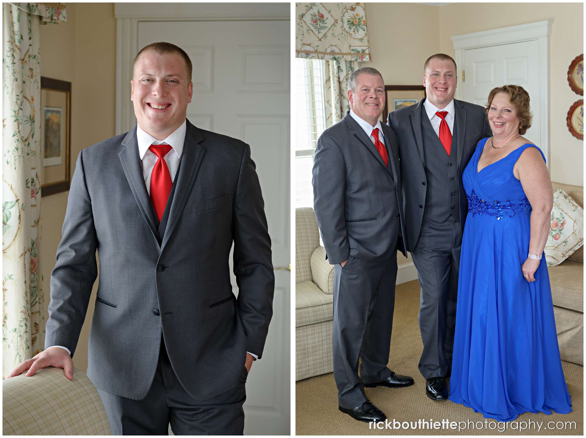 portrait of groom with his parents before his mountain view grand wedding ceremony