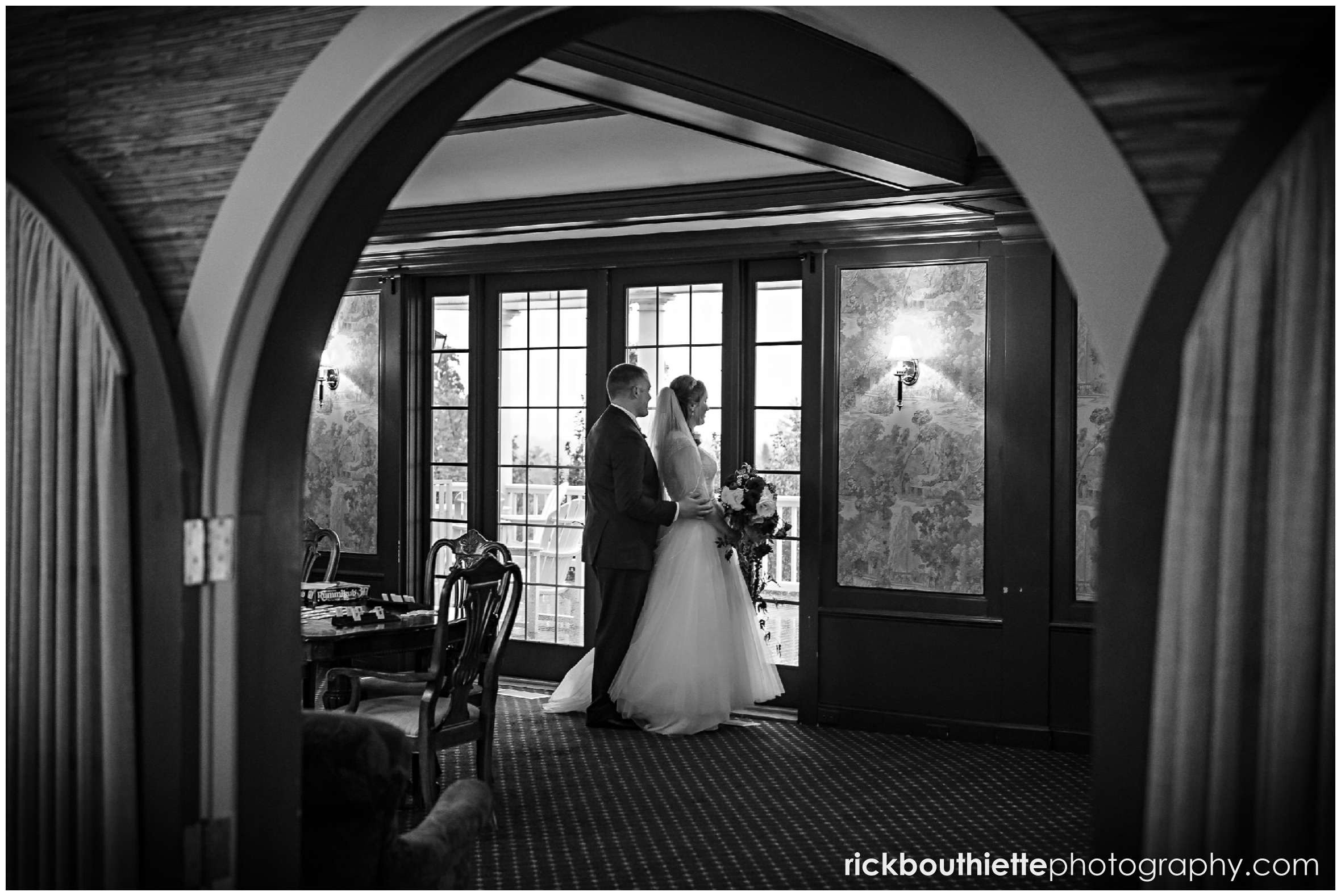 bride and groom in the library at mountain view grand resort wedding