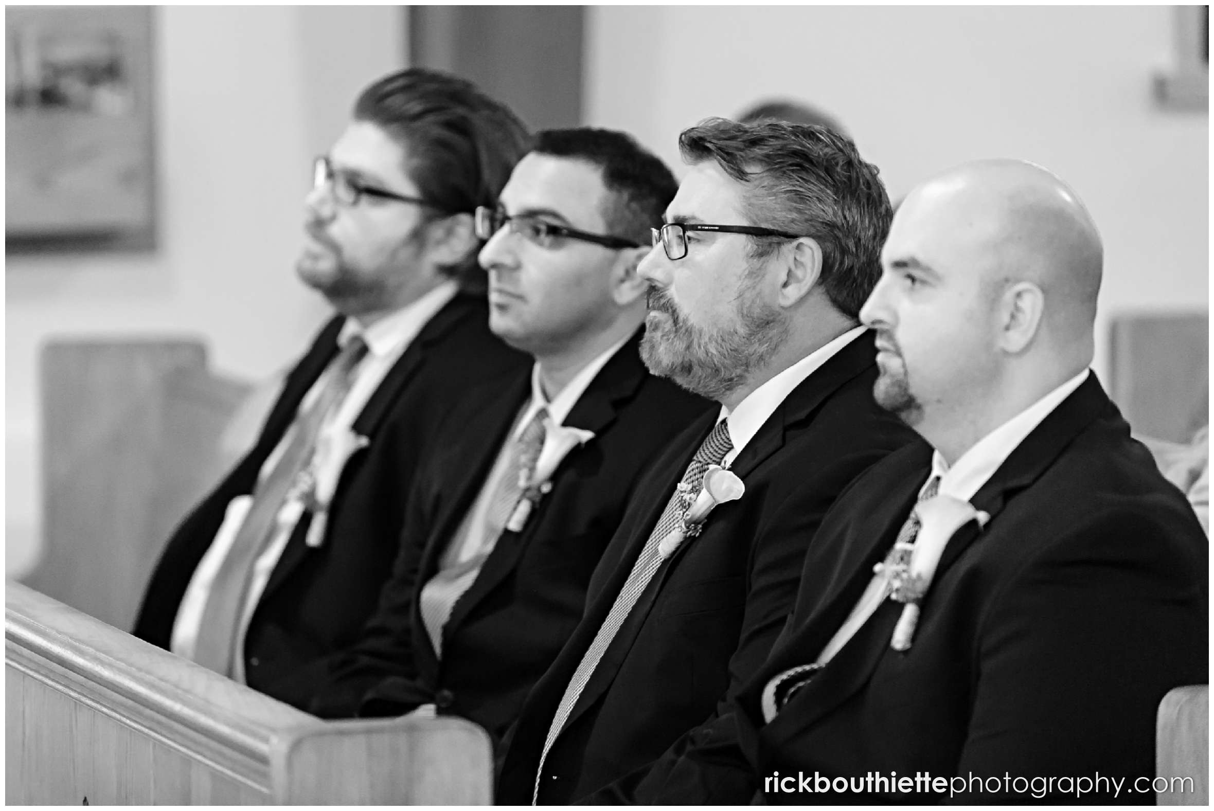 black & white of groomsmen at New Hampshire seacoast wedding ceremony