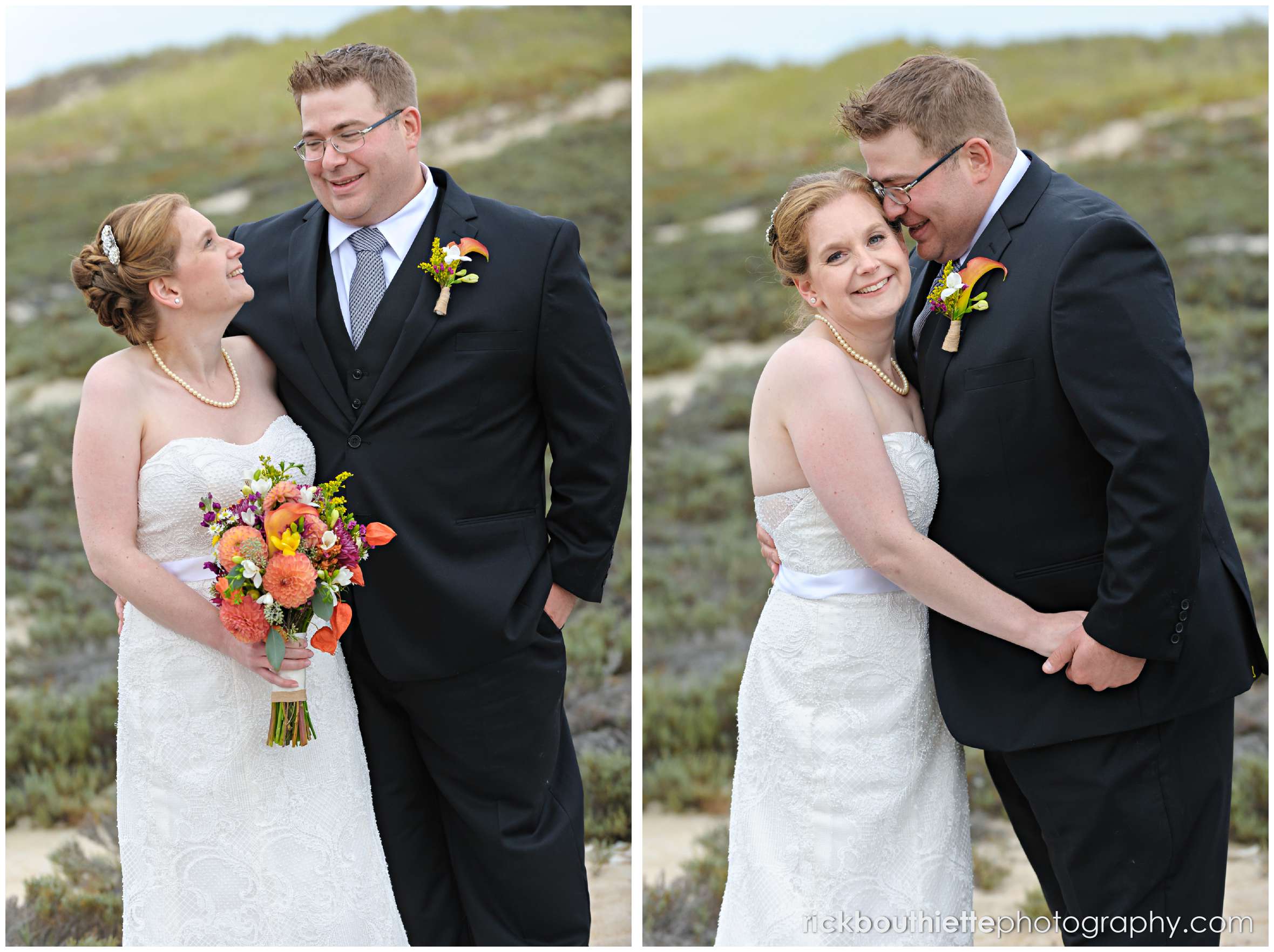 bride and groom portaits on Seabrook beach after their seacoast wedding ceremony