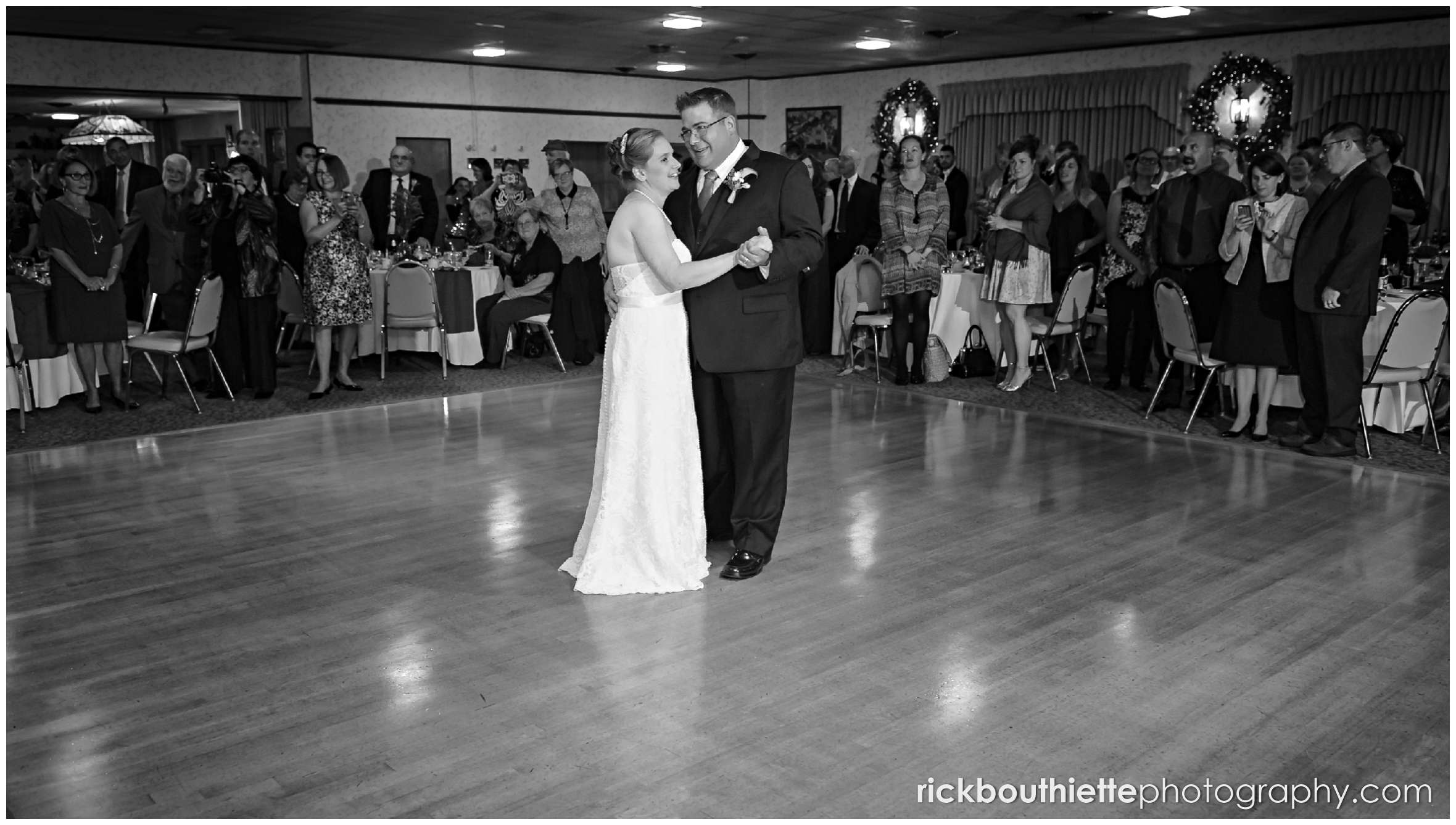 black and white of bride and groom's first dance at Harris' Pelham Inn wedding