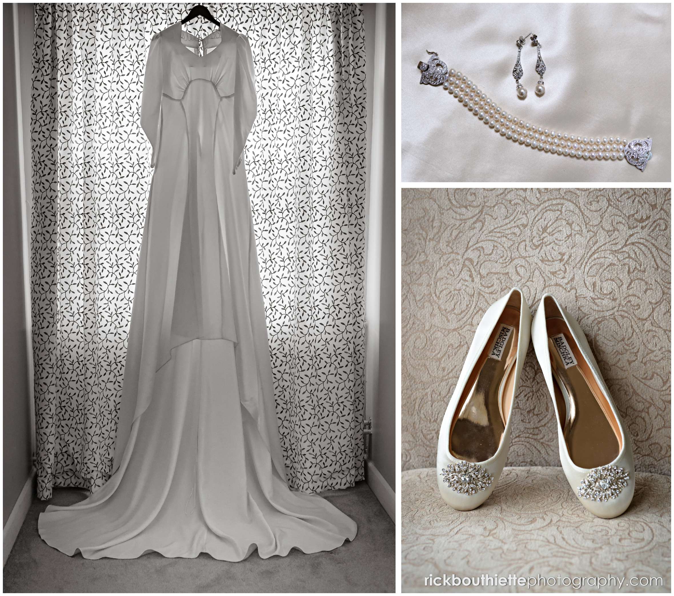 wedding dress, shoes and jewlery details