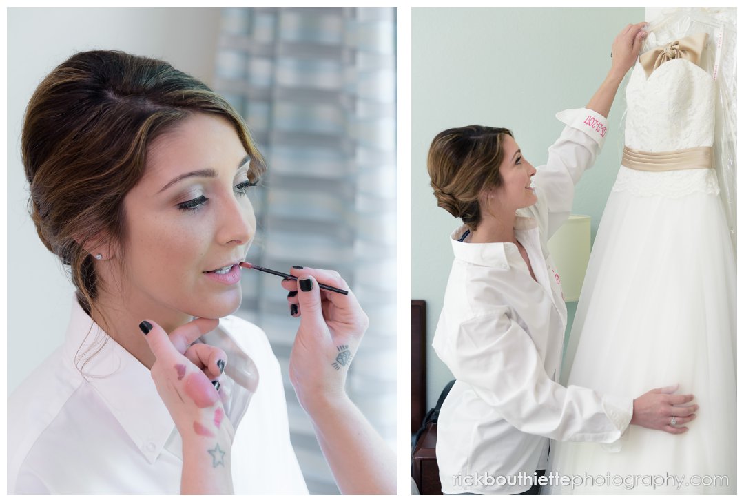 bride putting on makeup and getting ready to put her dress on at Candia Woods wedding