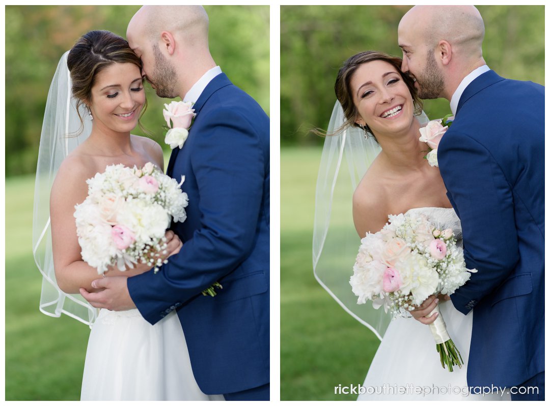 an intimate moment turns to laughter as bride and groom embrace at Candia Woods wedding