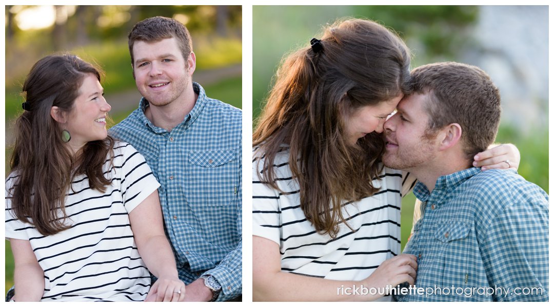 couple sharing a romantic moment during their engagement session on New Hampshire's seacoast
