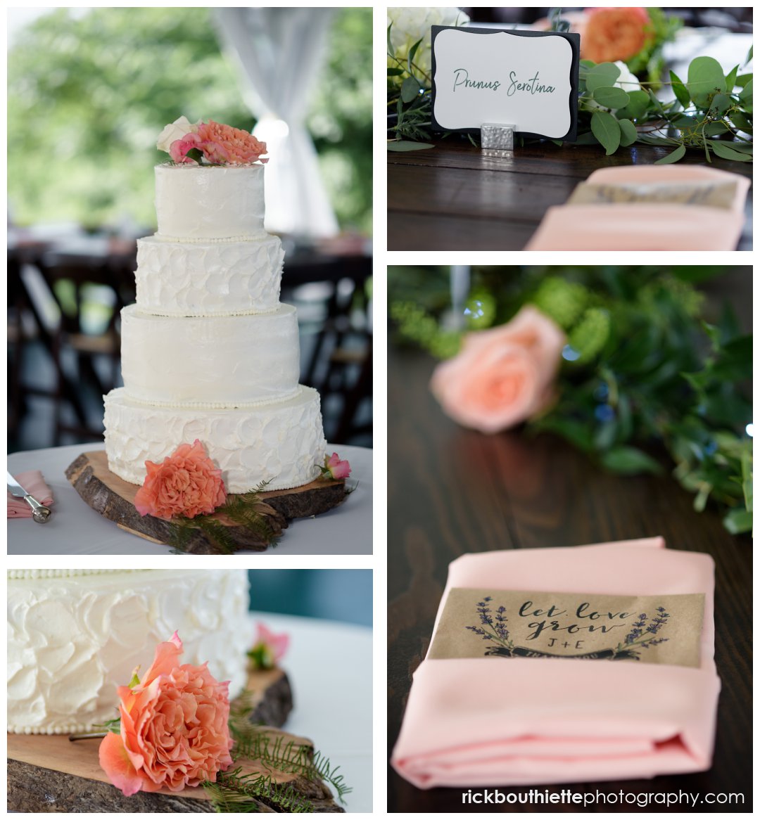 wedding reception details including cake and napkins at New Hampshire Seacoast Science Center