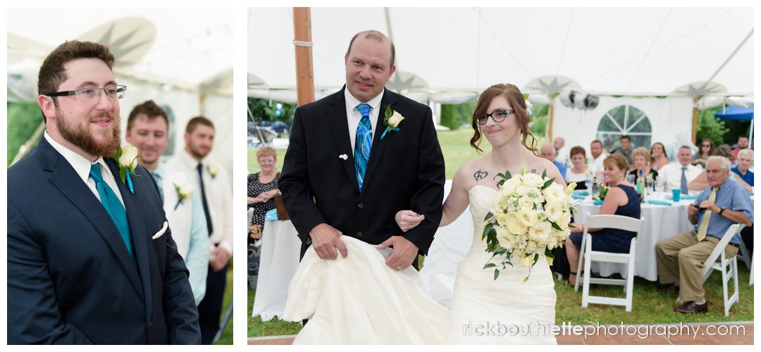 bride walking down aisle with her father, groom sees his bride for the first time
