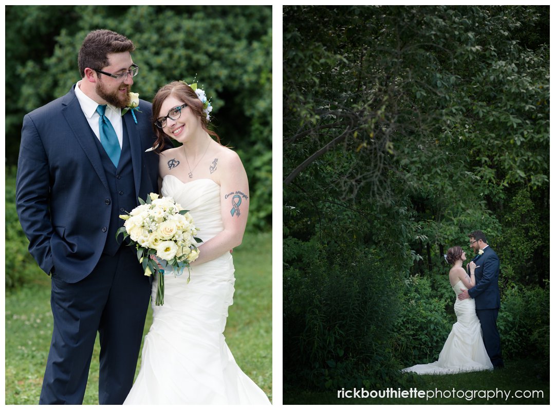 portrait of bride and groom after New Hampshire backyard summer wedding ceremony
