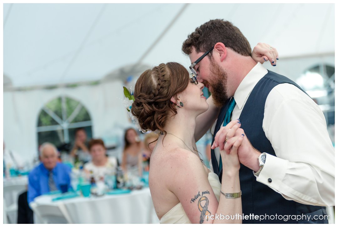 bride and groom first dance at New Hampshire backyard summer wedding