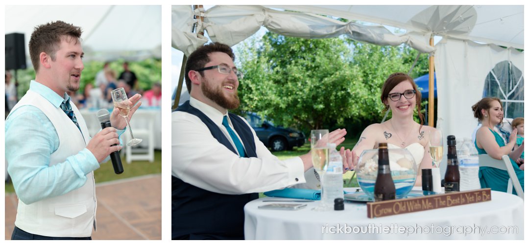 best man toasts the bride and groom at New Hampshire backyard summer wedding 