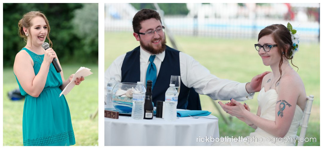 maid of honor toasts the bride and groom at New Hampshire backyard summer wedding
