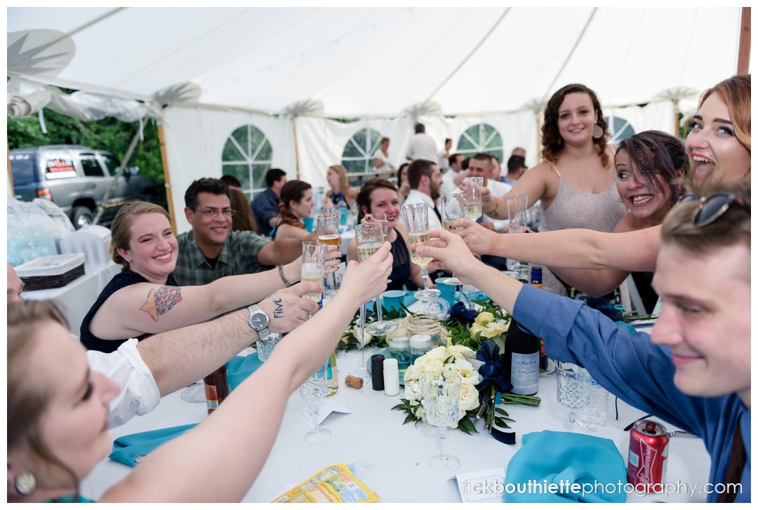 guests raise their glasses as they toast the bride and groom at New Hampshire backyard summer wedding reception