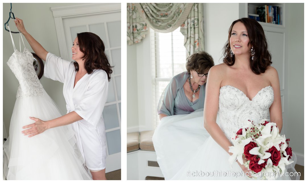 bride putting dress on at Mountain View Grand wedding