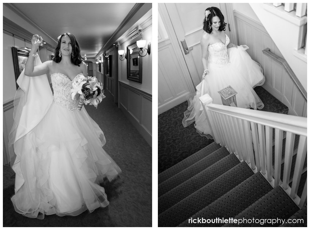 bride descending stairs on her way to wedding ceremony at the Mountain View Grand Resort