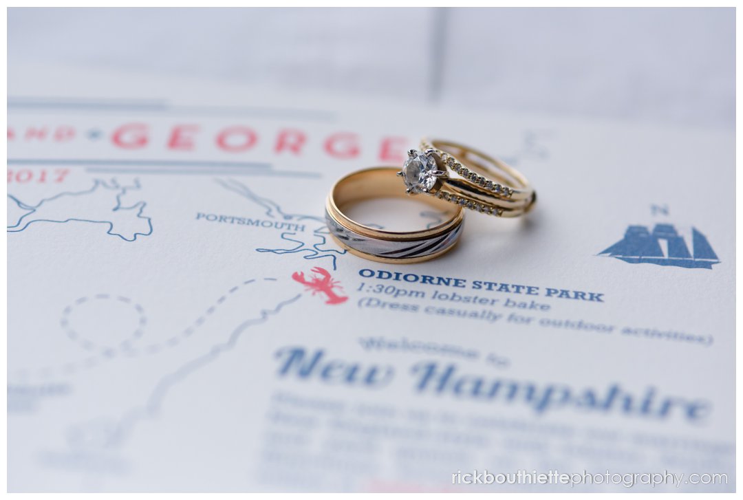 closeup of wedding rings on wedding invitation