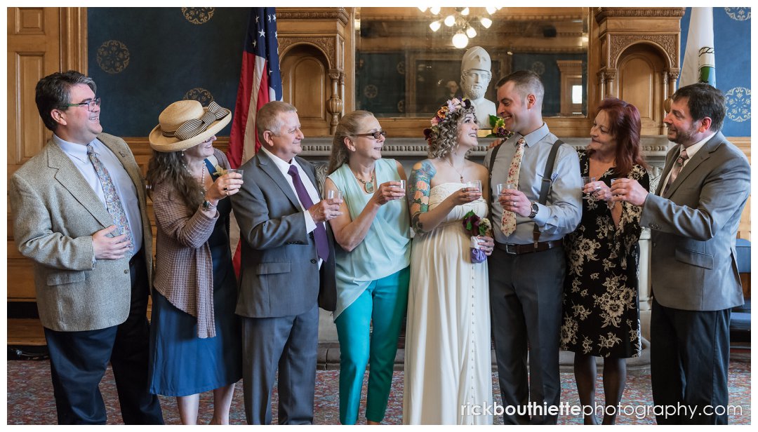 toast at lowell city hall wedding