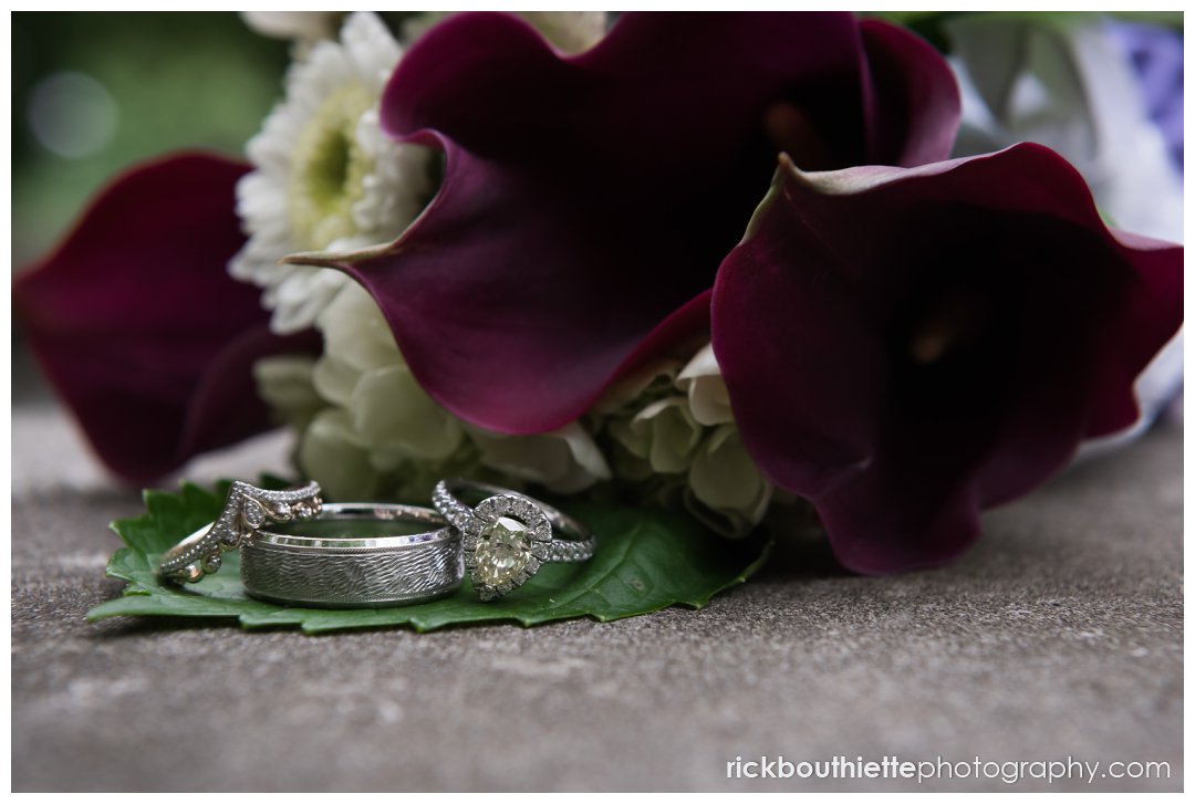 wedding rings and flowers at lowell city hall wedding