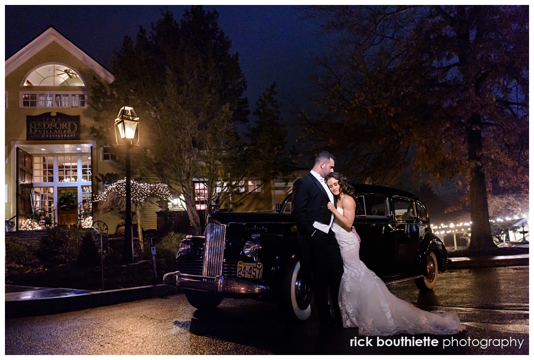 a romantic moment before heading inside for their Bedford Village Inn New Year’s Eve wedding reception