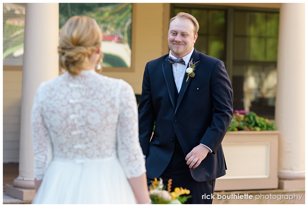 Jared & Kasey's first look just before their wedding ceremony at The Wentworth Inn.